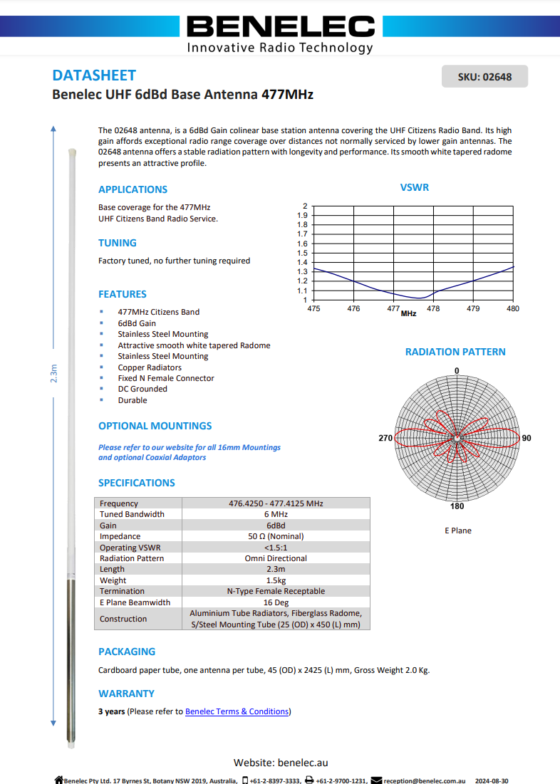 02648 Benelec UHF 6dBd Base Antenna 477MHz